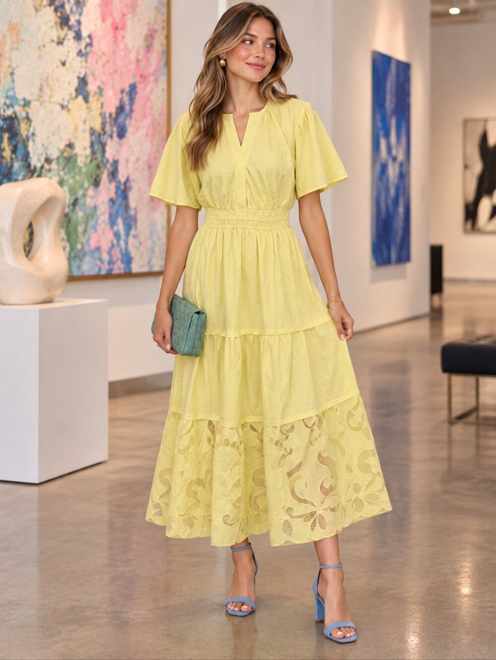 Haute Hippie Style Yellow Cutwork Lace Tiered Maxi Dress Size M